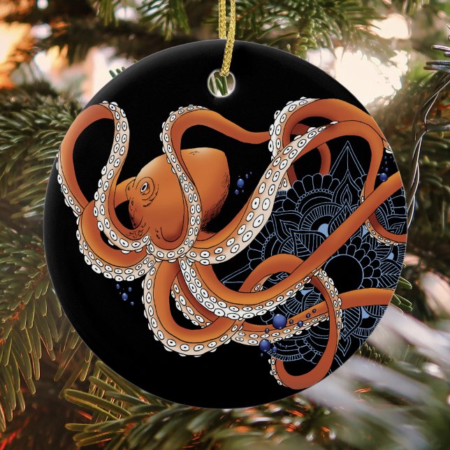 Bold Orange Mesmerising Octopus Mandala  Ceramic Ornament (Creator Uploaded)