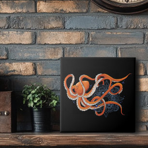 Bold Orange Mesmerising Octopus Mandala  Ceramic Tile