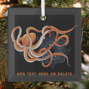 Bold Orange Mesmerising Octopus Mandala Glass Tree Decoration