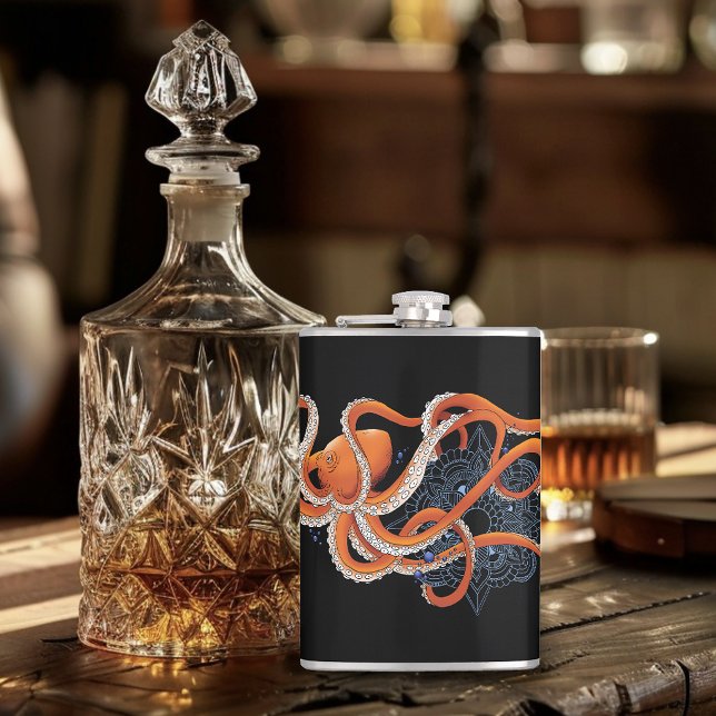 Bold Orange Mesmerising Octopus Mandala  Hip Flask (Creator Uploaded)
