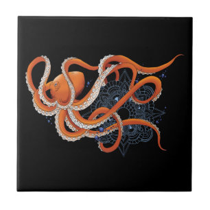 Bold Orange Mesmerizing Octopus Mandala  Ceramic Tile
