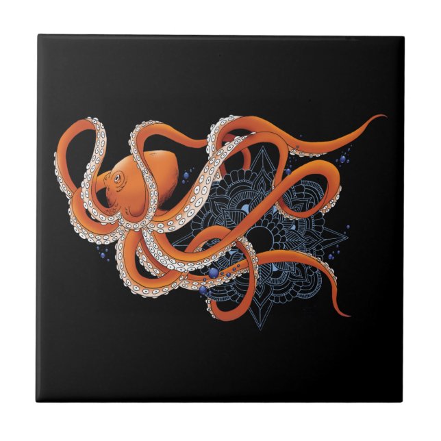 Bold Orange Mesmerizing Octopus Mandala  Ceramic Tile (Front)