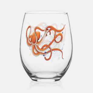 Bold Orange Mesmerizing Octopus Mandala Stemless Wine Glass