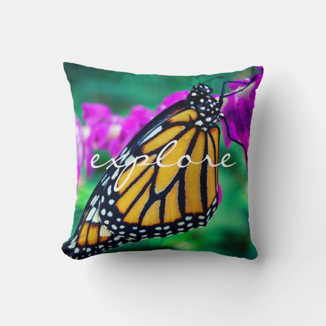 Bold Orange Monarch Butterfly Photo Explore Script Cushion (Front)