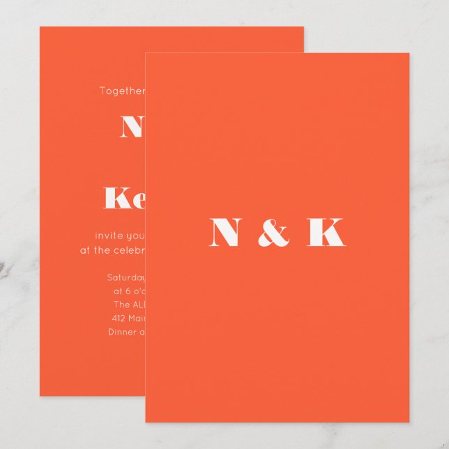 Bold Orange Persimmon Modern Monogram Wedding Invitation (Front/Back)