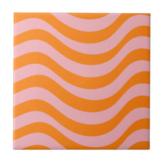Bold Orange Pink Wavy Stripes Y2K Retro Ceramic Tile