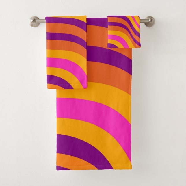 Bold Orange Purple Wavy Stripe Pattern Modern Bath Towel Set (Insitu)