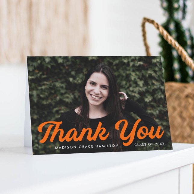 Bold Orange Script Photo Graduation Thank You Card (Creator Uploaded)