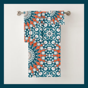 Bold Orange & Teal Mandala Geometric Totem Pattern Bath Towel Set