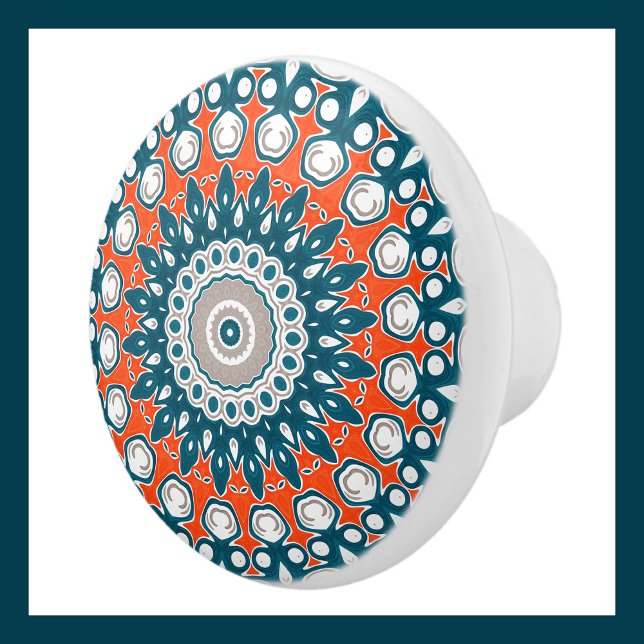 Bold Orange & Teal Mandala Geometric Totem Pattern Ceramic Knob (Creator Uploaded)