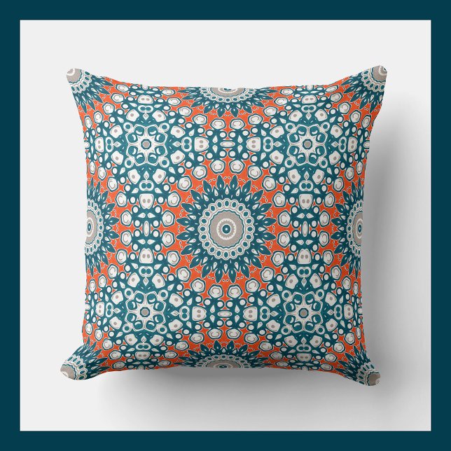 Bold Orange & Teal Mandala Geometric Totem Pattern Cushion (Creator Uploaded)