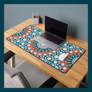 Bold Orange & Teal Mandala Geometric Totem Pattern Desk Mat