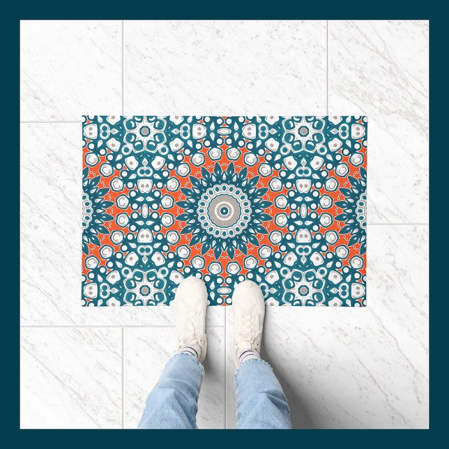 Bold Orange & Teal Mandala Geometric Totem Pattern Doormat (Creator Uploaded)