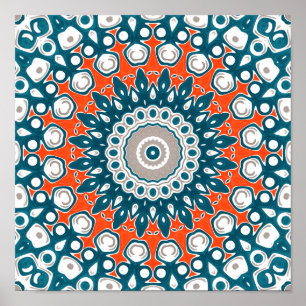 Bold Orange & Teal Mandala Geometric Totem Pattern Poster