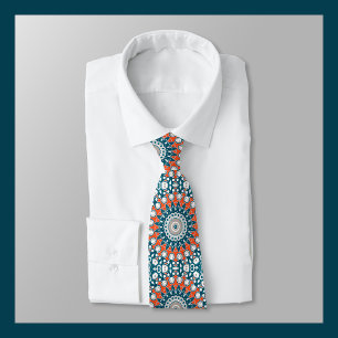 Bold Orange & Teal Mandala Geometric Totem Pattern Tie