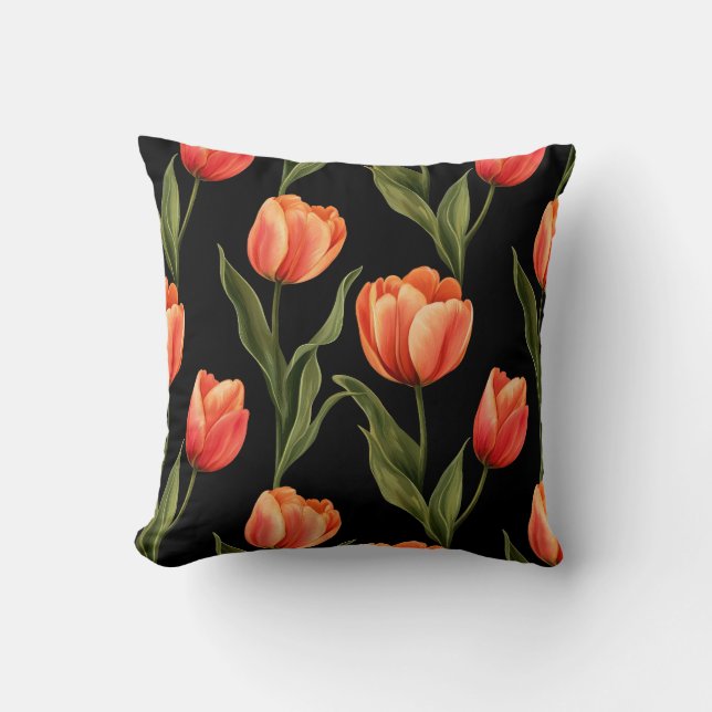 Bold Orange Tulips on Black - Striking Floral Art Cushion (Front)