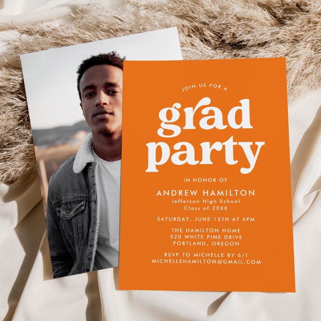 Bold Orange Typography Photo Graduation Party Invitation (Creator Uploaded)
