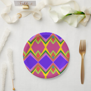 Bold Orchid & Gold Abstract Retro Geometric Art Paper Plate