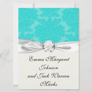 bold ornate aqua aquamarine blue damask pattern invitation