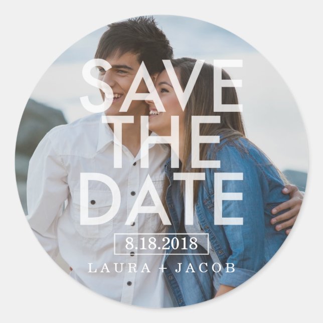 Bold Overlay Photo Save The Date Sticker (Front)
