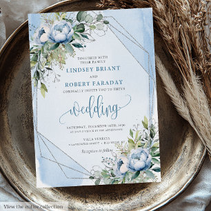 Bold Pastel Blue White Silver Peonies Wedding  Invitation