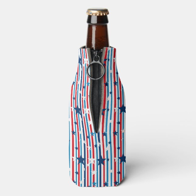 Bold Patriotic Stripes & Stars Design Bottle Cooler (Bottle Back)