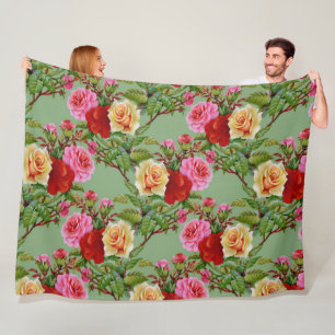 Bold Pattern Red Yellow Pink Roses and Foliage Fleece Blanket
