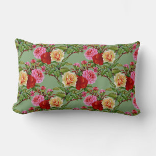 Bold Pattern Red Yellow Pink Roses and Foliage Lumbar Cushion