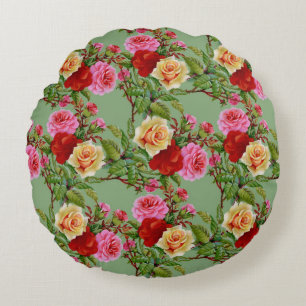 Bold Pattern Red Yellow Pink Roses and Foliage Round Cushion