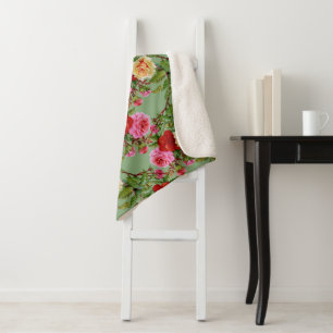Bold Pattern Red Yellow Pink Roses and Foliage Sherpa Blanket