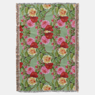 Bold Pattern Red Yellow Pink Roses and Foliage Throw Blanket