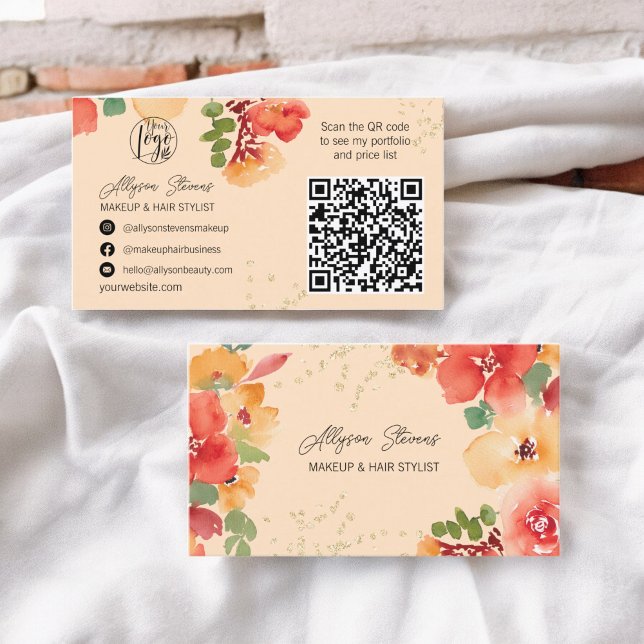 Bold peach floral gold makeup hair logo qr code business card (Bold fall floral gold makeup hair logo qr code business card on peach)