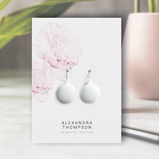 Bold Peonies Modern Floral Sketch Jewellery Displa Business Card (floral earrings jewelry display card bold pink peonies art sketch modern minimalist elegant template)