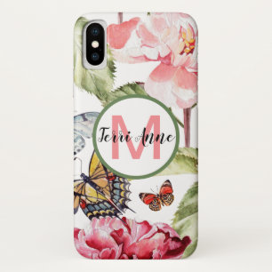 Bold Peony Flowers and Butterflies with Monogram iPhone X Case
