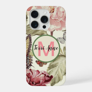 Bold Peony Flowers and Butterflies with Monogram iPhone 15 Pro Case