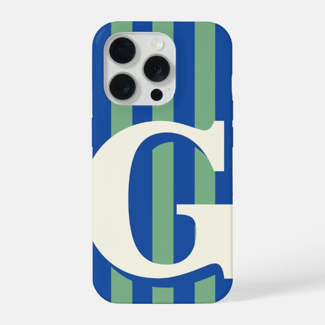 Bold Personalised Initial, Blue and Green Stripe iPhone Case (Back)
