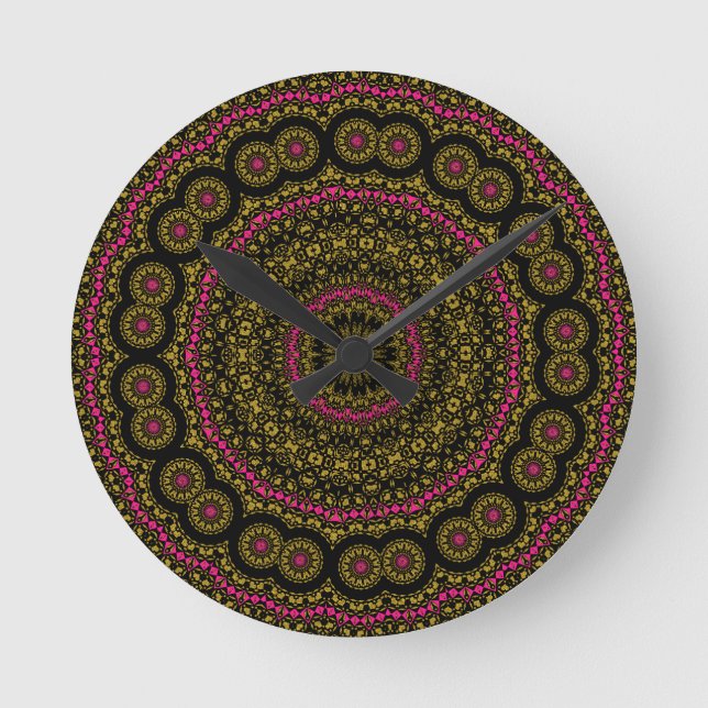 Bold Pink and Black Kaleidoscope Wall Clock (Front)