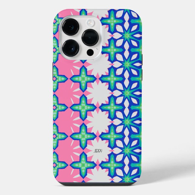 Bold Pink and Blue Geometric Pattern with Name iPhone Case (Back)
