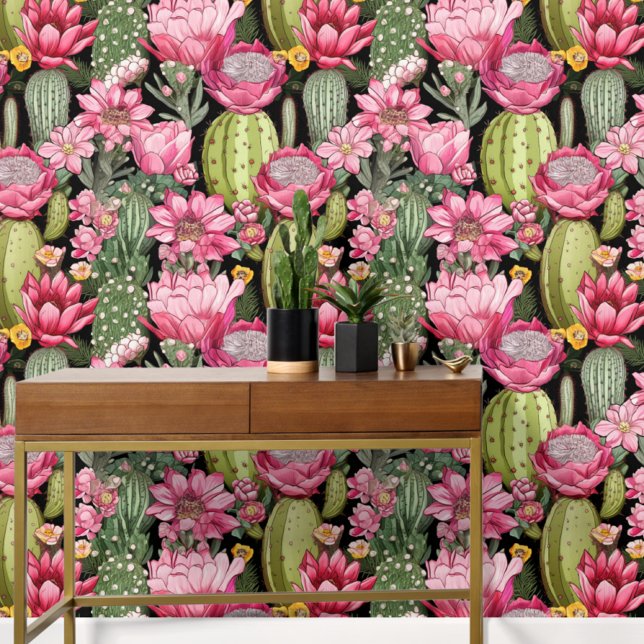 Bold Pink and Green Cactus Peel and Stick Wallpaper (Creator Uploaded)