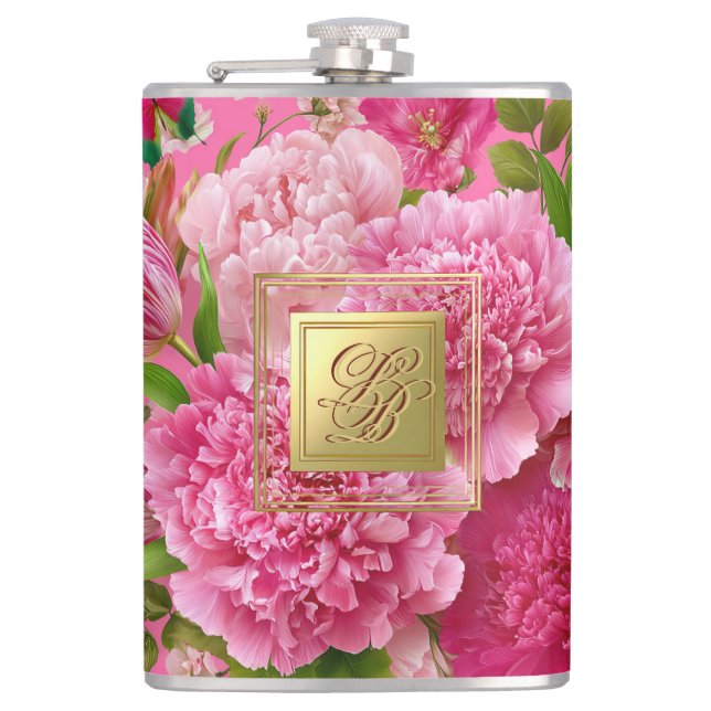 Bold Pink and Green Floral Monogram Party Flask (Front)