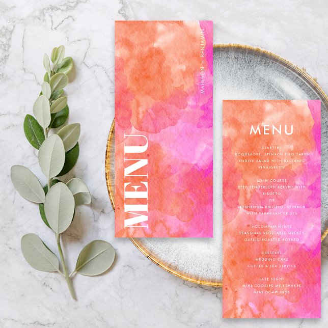Bold Pink and Orange Abstract Watercolor Wedding Menu (Front / Back)