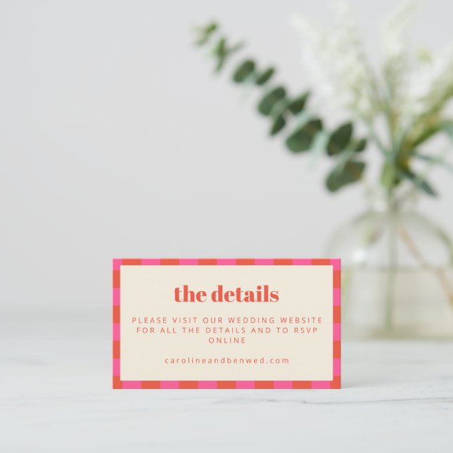 Bold Pink and Orange Chequerboard Wedding Website Enclosure Card (Standing Front)