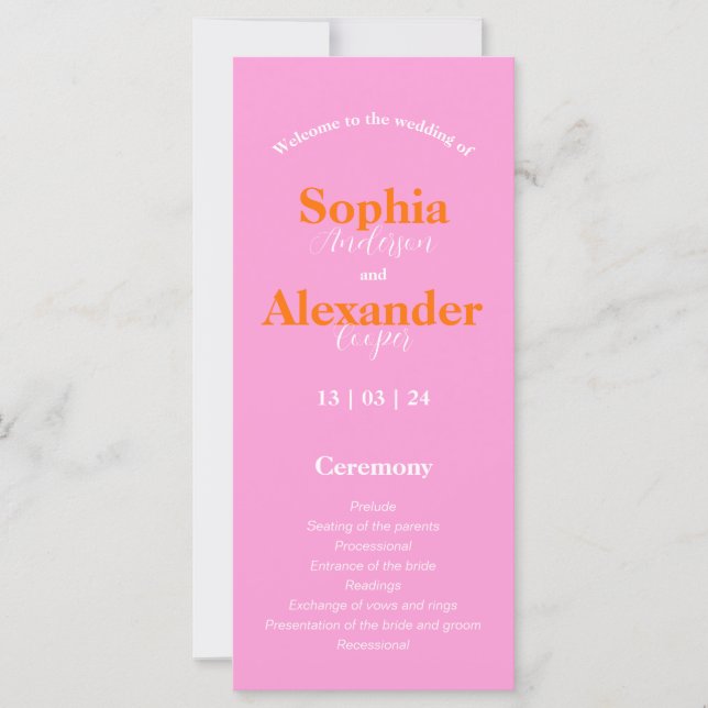 Bold pink and orange colourful  Wedding Program  (Front)