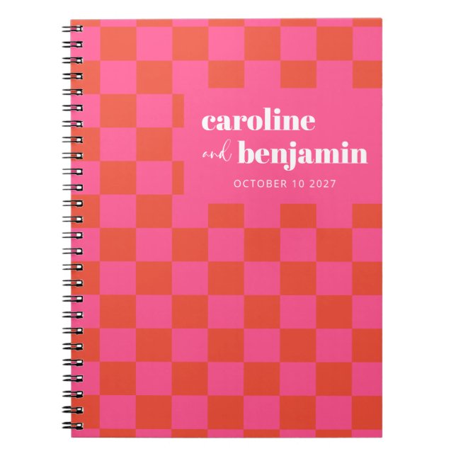 Bold Pink and Red Chequerboard Custom Wedding   Notebook (Front)