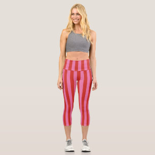 Bold Pink and Red Circus Funhouse Stripes Capri Leggings