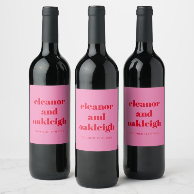 Bold Pink and Red Modern Wedding Custom  Wine Label (Bottles)