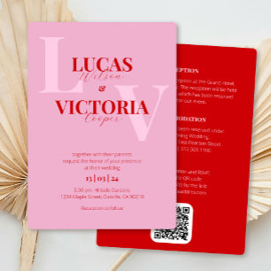 Bold Pink and Red QR Code All in One Wedding Invitation