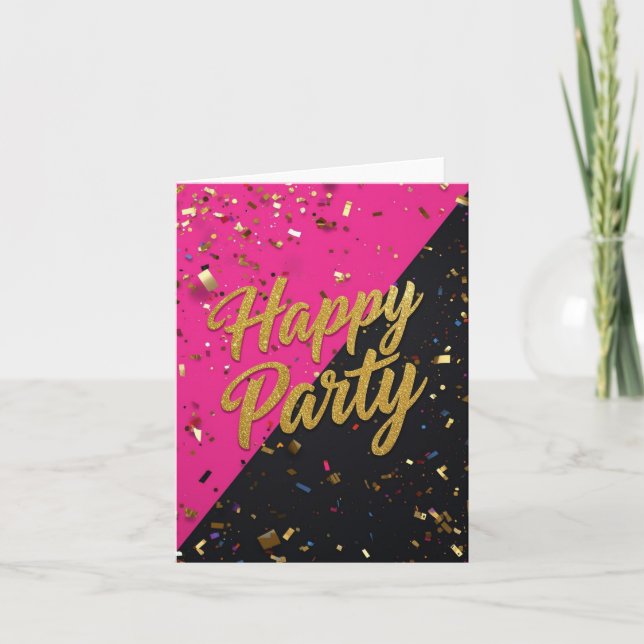 Bold pink/black background, gold confetti, fun scr invitation (Front)