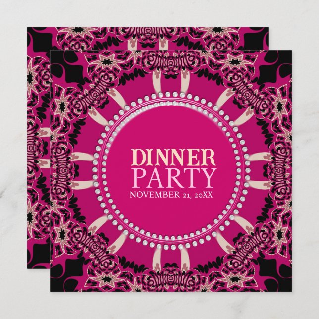 Bold Pink Black Modern Tribal Vibe Dinner Party Invitation (Front/Back)