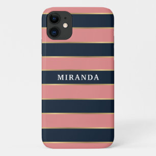 Bold Pink Blue Gold Stripe Pattern iPhone 11 Case